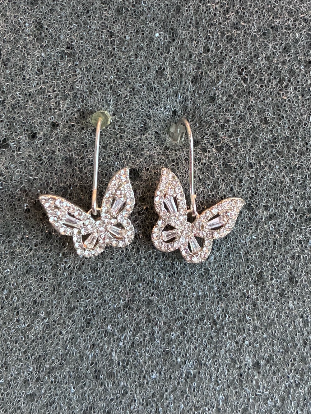 Rhinestone Butterfly Dangle Earrings Silver Tone Crystal Statement